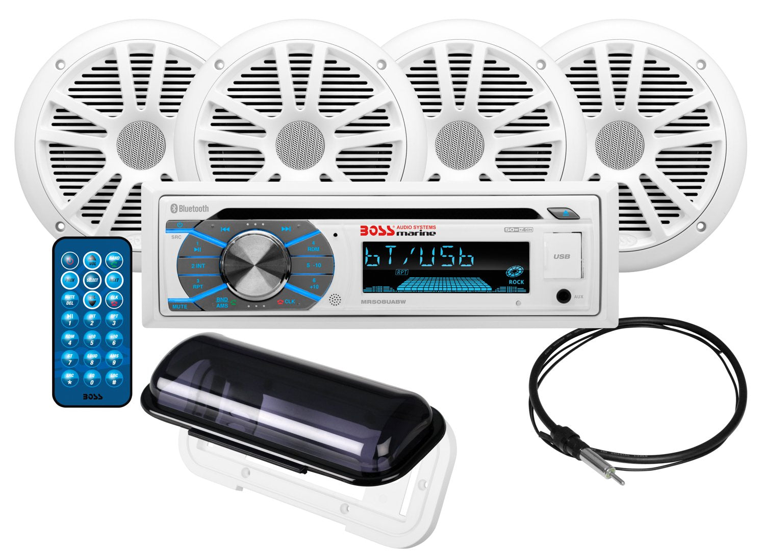 Boss Audio Systems Mck508Wb.64S Marine Boat Stereo Speaker Package   Single Din Radio Receiver Head Unit, Cd Player, Bluetooth,